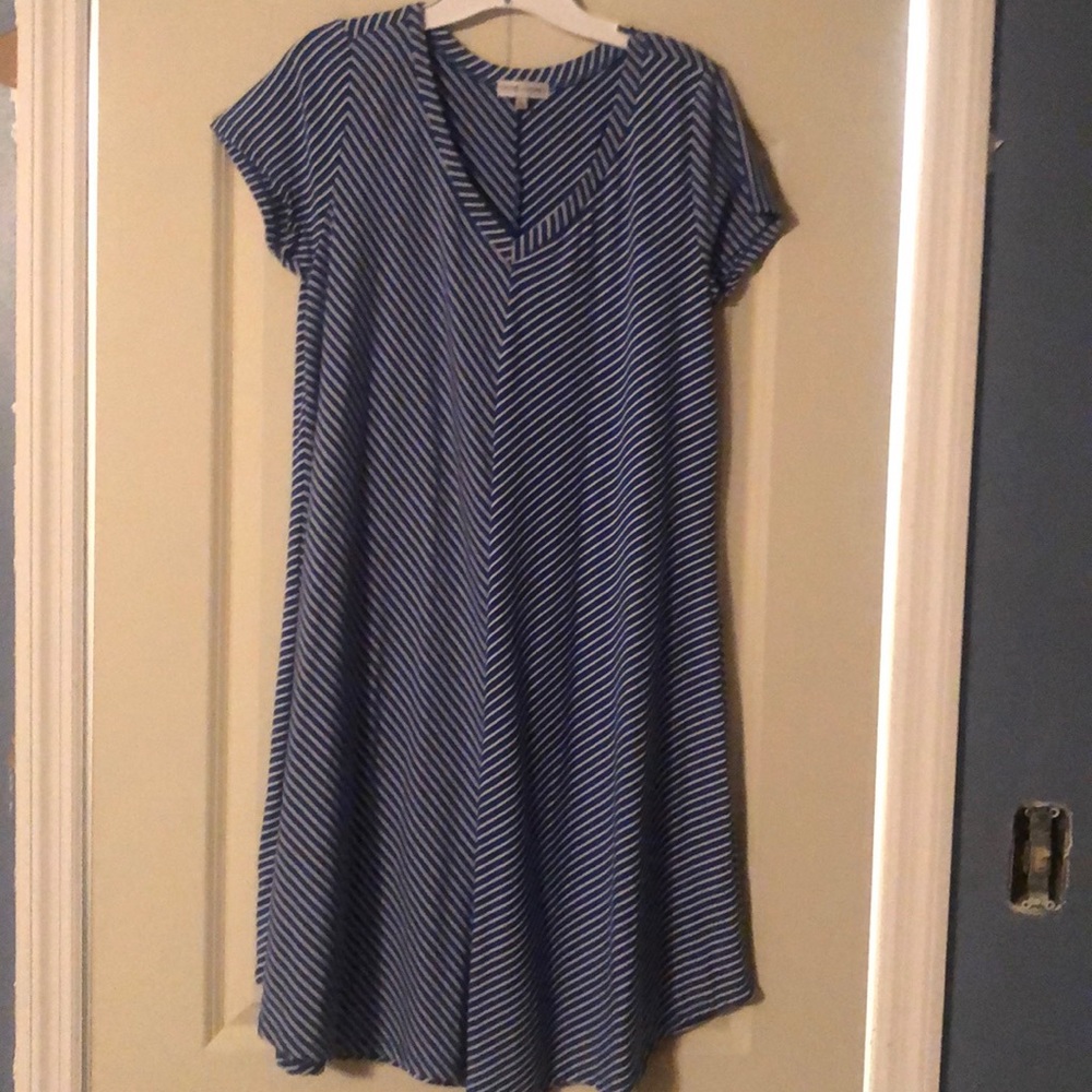 White and blue striped dress